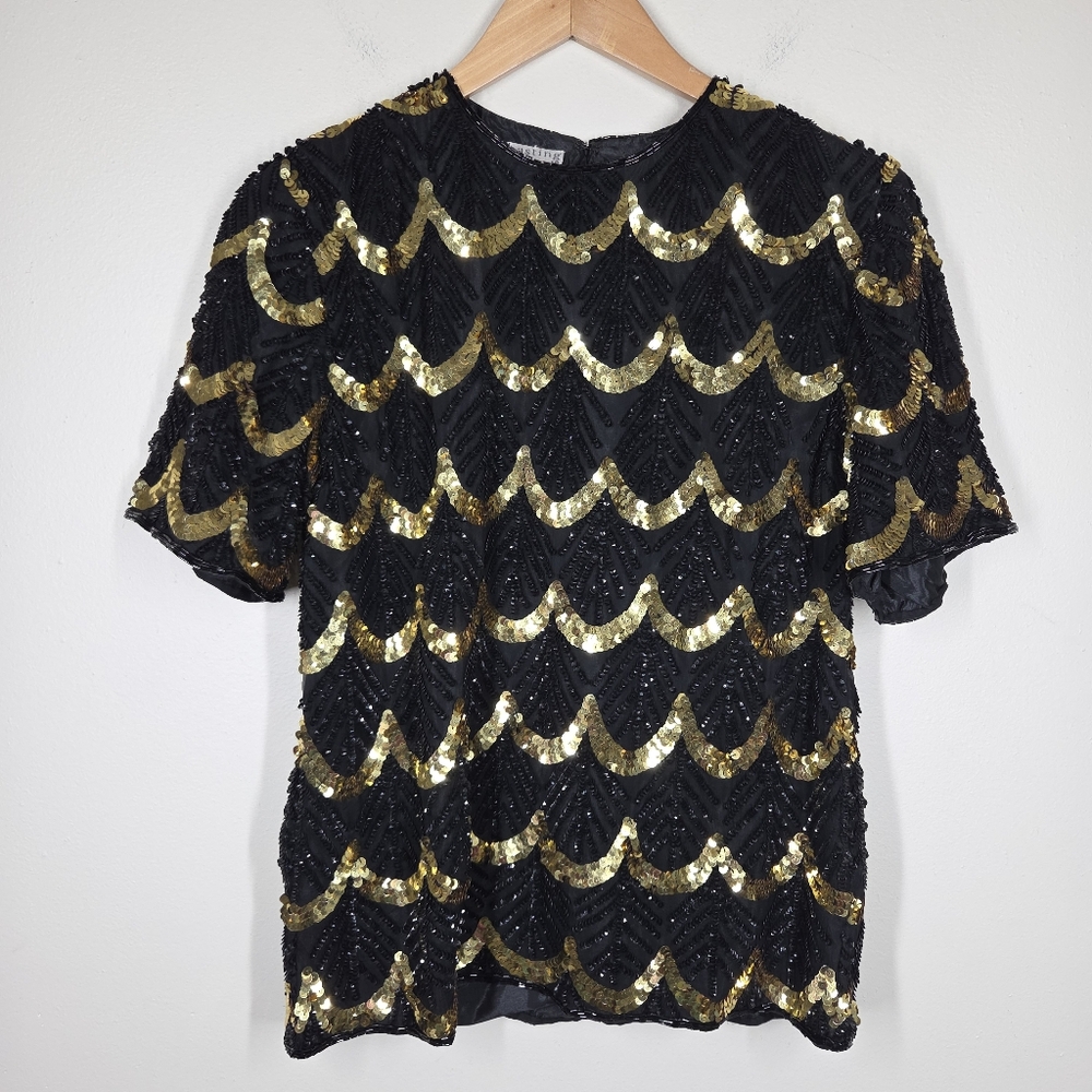 NWT Vtg 80s Black Gold Beaded Sequin Scalloped 100% Silk Top Small Disco Glam